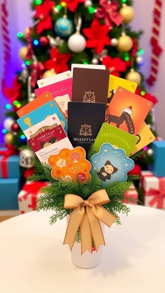Christmas Gift Card Bouquet Recipe A creative Christmas gift card bouquet with colorful gift cards and greenery in a vase.
